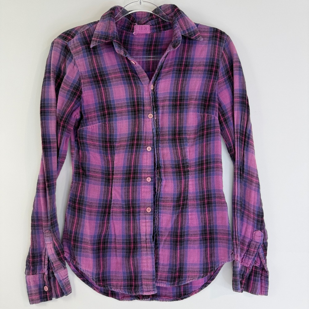 CP Shades Button Down Shirt Women XS Purple Black Plaid Hand Dyed 178-311